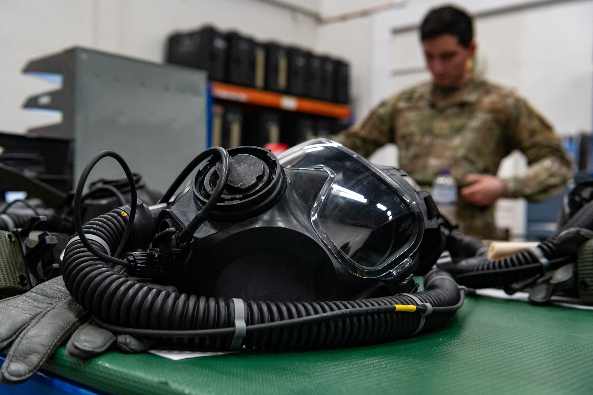 An oxygen mask sits on a counter at RAF Mildenhall, England, Feb. 6, 2025.