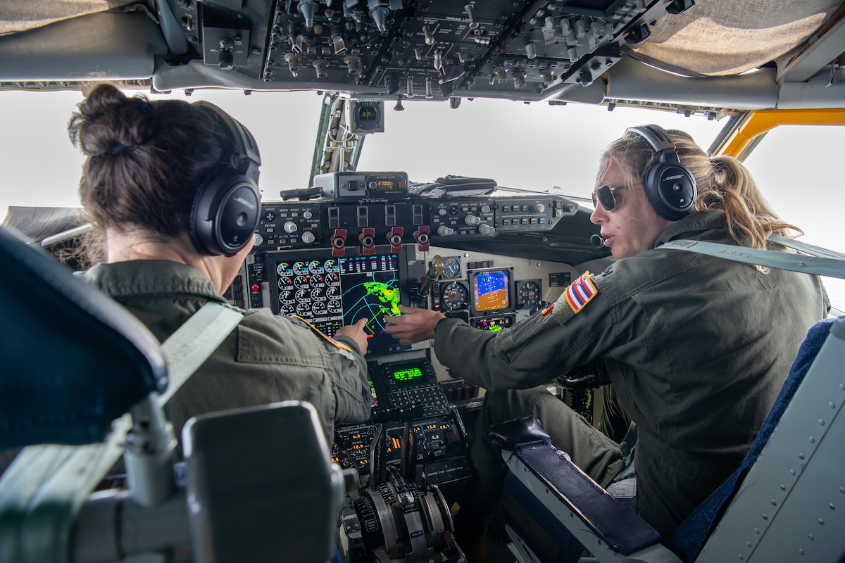 U.S. Air National Guard Capt. Sophie Bargiel and 1st Lt. Alison Bowman,  203rd Air Refueling Squadron pilots, conduct an air-to-air refueling training mission over Indonesia Feb. 19, 2025. This bilateral training, supported by the 154th Wing, enables Indonesian Air Force pilots to recertify their F-16 air refueling qualifications while strengthening interoperability and regional security.