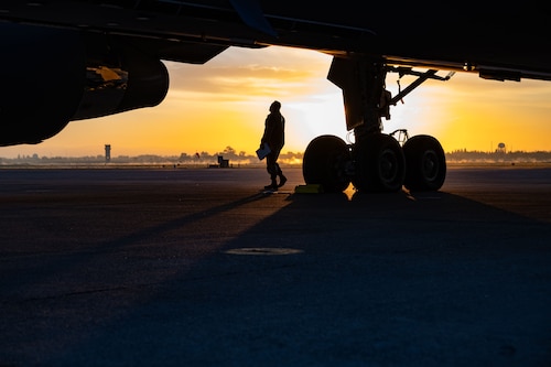 U.S. Air Force Master Sergeant Johnny Waller, 660th Aircraft Maintenance Squadron, Production superintendent, completes a pre-flight maintenance inspection of a KC-46 Pegasus during exercise Bamboo Eagle 25-1 at Mather Airport, Sacramento, Calif., Feb. 12, 2025.