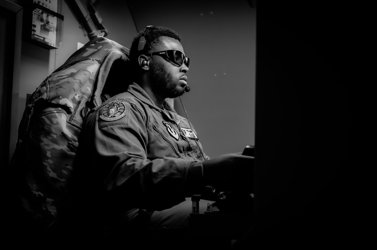 U.S. Air Force Staff Sergeant Mohammed Sulley, 108th New Jersey Air National Guard, boom operator, conducts air refueling operations over the Pacific Ocean during exercise Bamboo Eagle 25-1, Feb. 14, 2025.