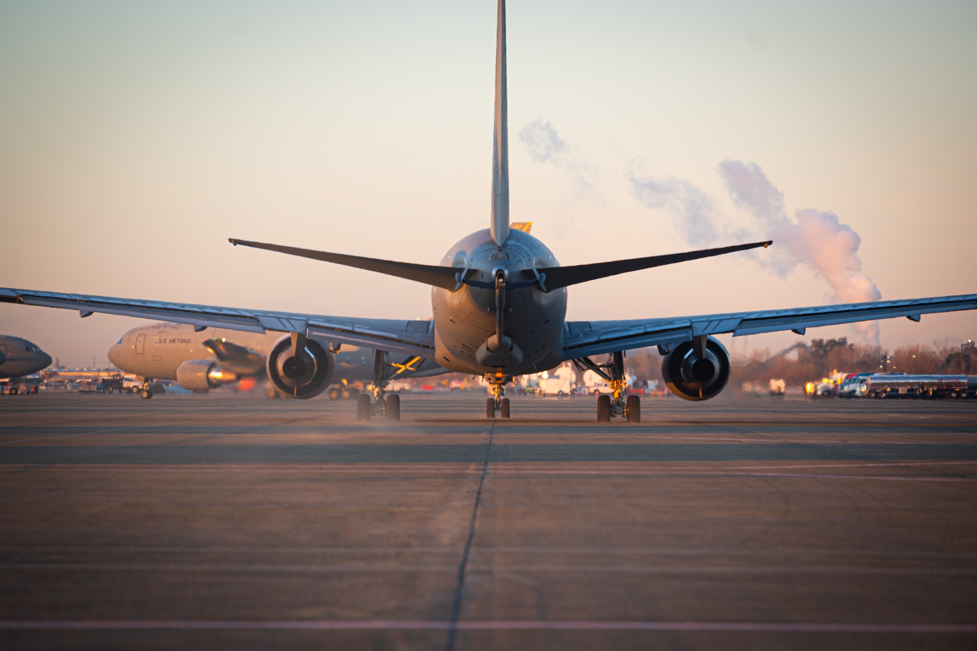 A KC-46 Pegasus aircraft from Joint Base McGuire-Dix-Lakehurst, N.J., taxis down the runway for an aerial refueling mission during Exercise Bamboo Eagle 25-1.