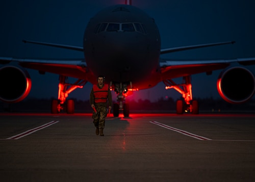 U.S. Air Force SrA Joseph Hackney, 32nd Expeditionary Air Refueling Squadron KC-46 Pegasus aircraft crew chief, prepares to taxi a KC-46 Pegasus aircraft during Bamboo Eagle 25-1.