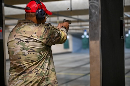 Staff Sgt. Marcus Johnson, combat arms lead instructor with the 172nd Security Forces Squadron, engages his target at the inaugural test fire at the new 172nd Airlift Wing small arms range in Jackson, Mississippi. The Mississippi National Guard and the 172nd Airlift Wing celebrated the opening of the state-of-the-art small arms range Jan. 24, 2025.