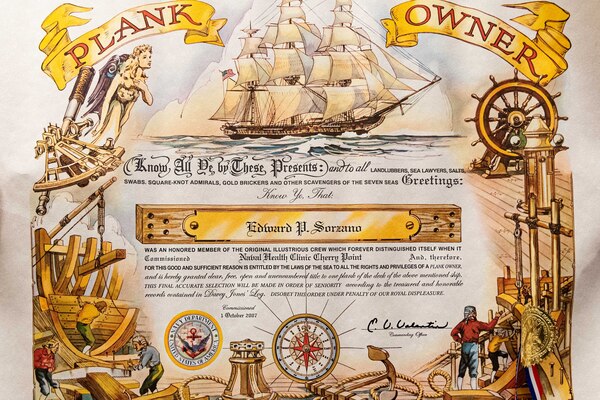 The “Plank Owner” certificate presented to Mr. Edward Sorzano on October 1, 2007 for his service aboard Naval Health Clinic Cherry Point during its first year of operation.  He retired from the clinic in late February after more than two decades of service as a General Schedule Civilian.



During his time there, he helped train more than 100 Radiology students from Carteret Community College while increasing the department’s radiology capabilities to include Magnetic Resonance Imaging and Computed Tomography.