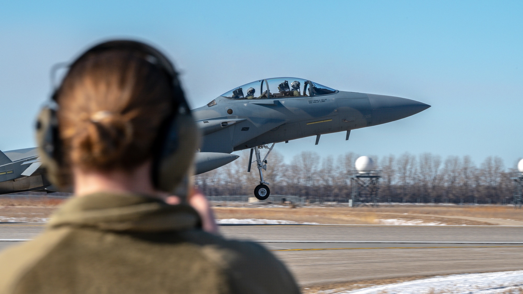 An F-15 EX Eagle ll taxis after landing at Grand Forks Air Force Base, N.D., Feb. 19, 2025.