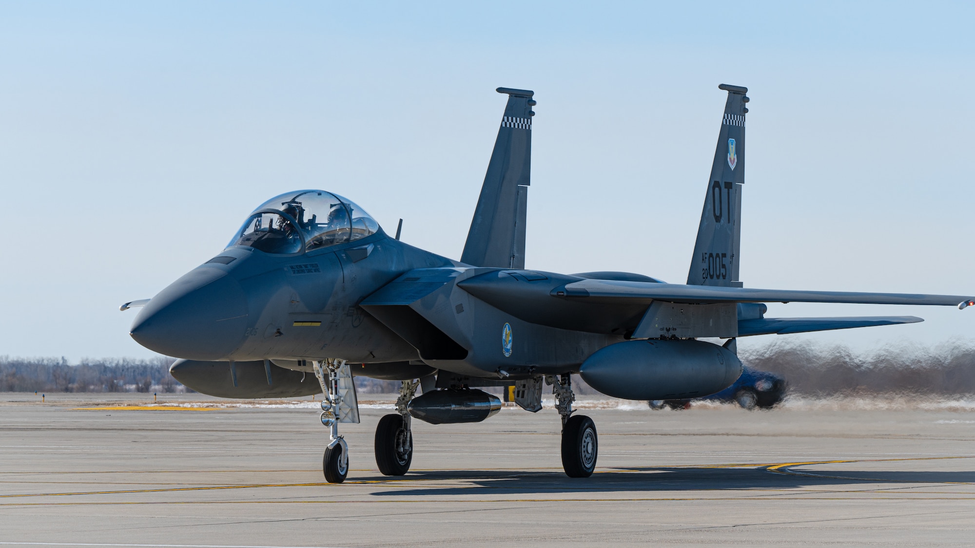 An F-15 EX Eagle ll assigned to the 53rd Wing at Eglin Air Force Base, Fla., taxis the flightline after landing at Grand Forks AFB, N.D., Feb. 19, 2025.