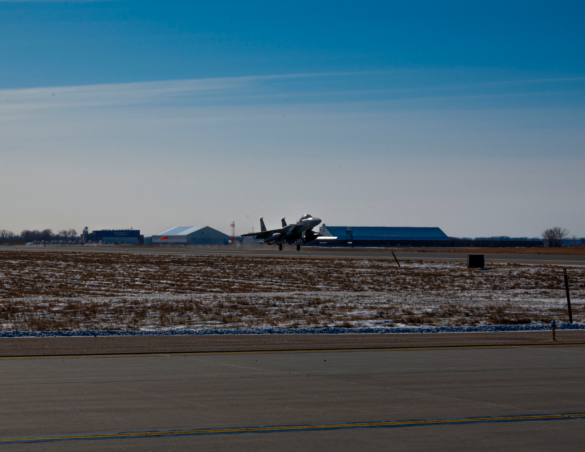An F-15 EX Eagle II assigned to the 53rd Wing at Eglin Air Force Base, Fla., lands at Grand Forks AFB, N.D., Feb. 19, 2025.