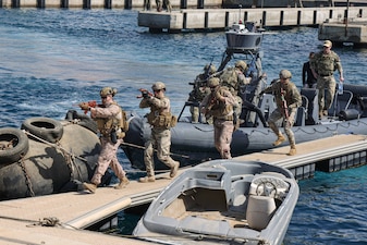 U.S. Marines, Egyptian Armed Forces and UK Royal Marines Commandos execute a Visit, Board, Search and Seizure (VBSS) demonstration during International Maritime Exercise (IMX) 2025 in Aqaba, Jordan.