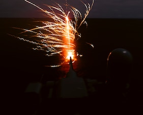 USS Gerald R. Ford (CVN 78) fires a Mark 38 25mm machine gun system during a live-fire gunnery exercise in the Atlantic Ocean.