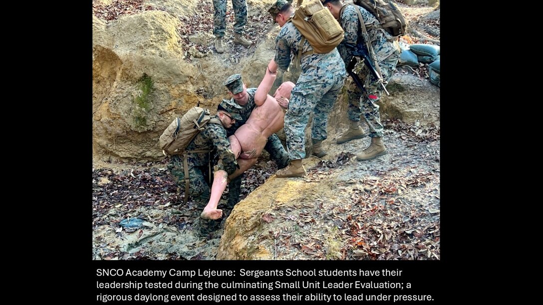 SNCO Academy Camp Lejeune:  Sergeants School students put their leadership to the test during the culminating Small Unit Leader Evaluation (SULE), a rigorous daylong event designed to assess their ability to lead under pressure.
