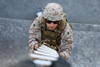 Sgt. Christopher Adler participates in hook and climb ladder training during International Maritime Exercise (IMX) 2025 in Aqaba, Jordan.