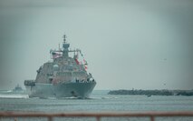NAVAL STATION MAYPORT, Fla. (Feb. 24, 2025) - The Freedom-variant Littoral Combat Ship USS St. Louis (LCS 19) makes her way back into the basin at Naval Station Mayport, Feb. 24, 2025.