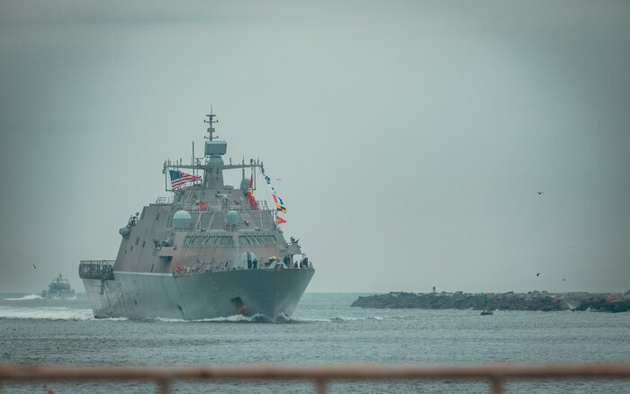 NAVAL STATION MAYPORT, Fla. (Feb. 24, 2025) - The Freedom-variant Littoral Combat Ship USS St. Louis (LCS 19) makes her way back into the basin at Naval Station Mayport, Feb. 24, 2025.