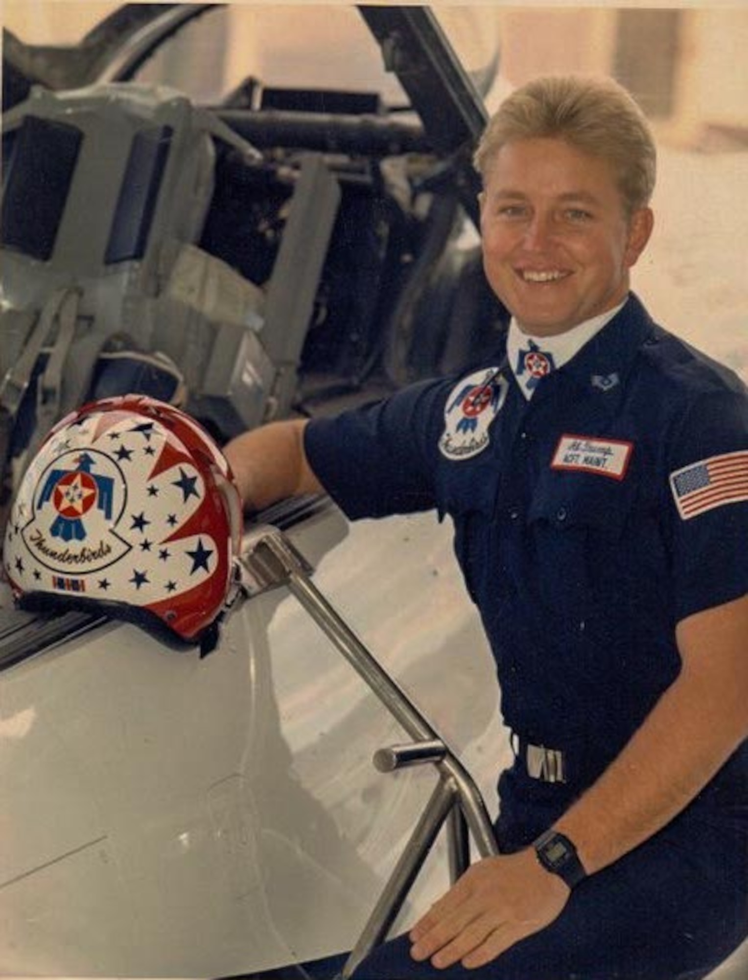 Former U.S. Air Force Staff Sgt. Allen Trump posing next to a U.S. Air Force Thunderbird #5 ‘Betsy’ at Nellis Air Force, Nevada in Dec. 1986.