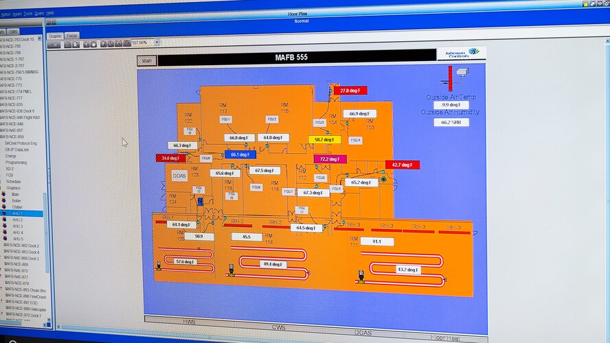 An Industrial Control System displays the Combat Arms Training and Maintenance building’s Heating, Ventilation, Air Conditioning and Refrigeration system at the 5th Civil Engineer Squadron’s Control Operation Center on Minot Air Force Base, North Dakota, Feb. 19, 2025. This system allows 5th CE HVAC/R specialists to monitor building’s systems and get automatically notified if anything needs preemptive or immediate repair. (U.S. Air Force photo by Senior Airman Kendra A. Ransum)