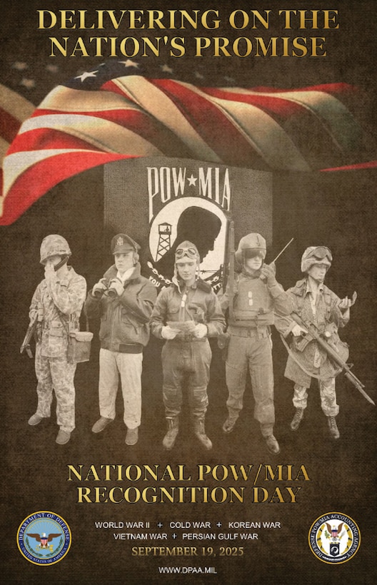 In a poster, five service members from different period in U.S. military history stand in front of a POW/MIA flag and a U.S. flag on a dark background.