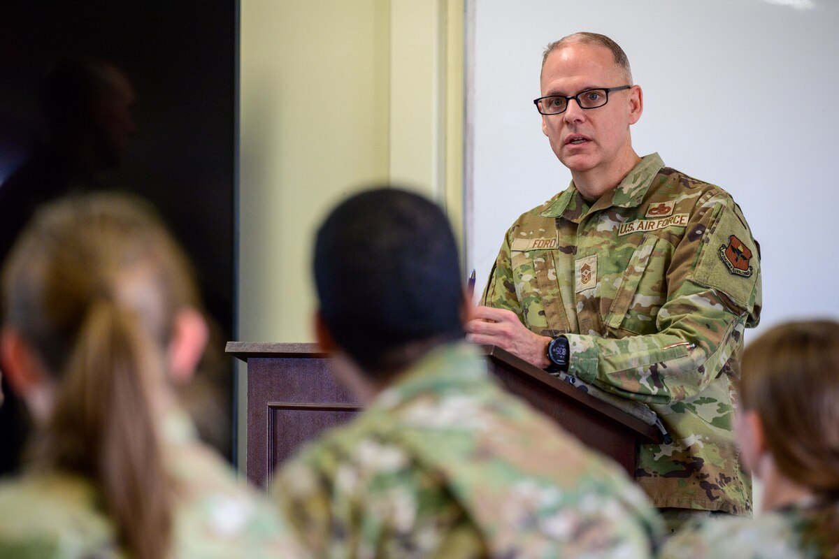 U.S. Air Force Chief Master Sgt. William Ford, 49th Wing command chief, speak to junior officers during the new First Term Officer Course at Holloman Air Force Base, New Mexico, Feb. 3, 2025.