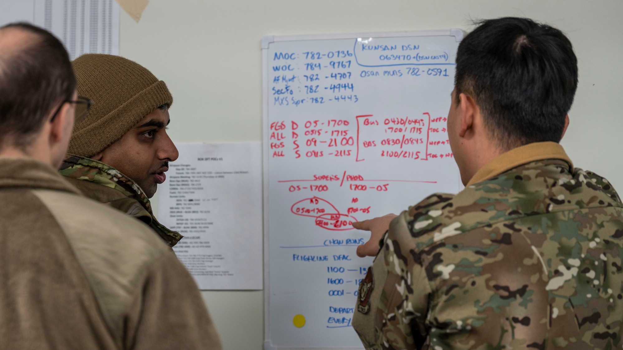 U.S. Air Force members assigned to the 36th Fighter Generation Squadron discuss crew shift hours at Kunsan Air Base, Republic of Korea, Jan. 27, 2025. The team leads were in charge of ensuring the amount of personnel on the contingency teams was spread evenly among the shifts to enable 24/7 operations out of Kunsan AB for exercise Beverly Herd 25-2. (U.S. Air Force photo by Staff Sgt. Ashley N. Mikaio)