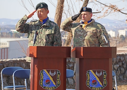 Both U.S. military members and Republic of Korea service members attended the 74th anniversary of the Battle of Bayonet Hill Commemoration Ceremony held at Osan Air Base, South Korea, Feb. 20, 2025.