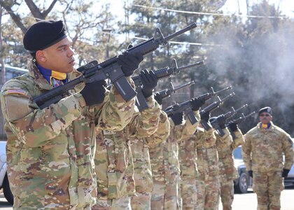 A U.S. Army honor guard detail fires their rifles during the 74th anniversary of the Battle of Bayonet Hill Commemoration Ceremony held at Osan Air Base, South Korea, Feb. 20, 2025.