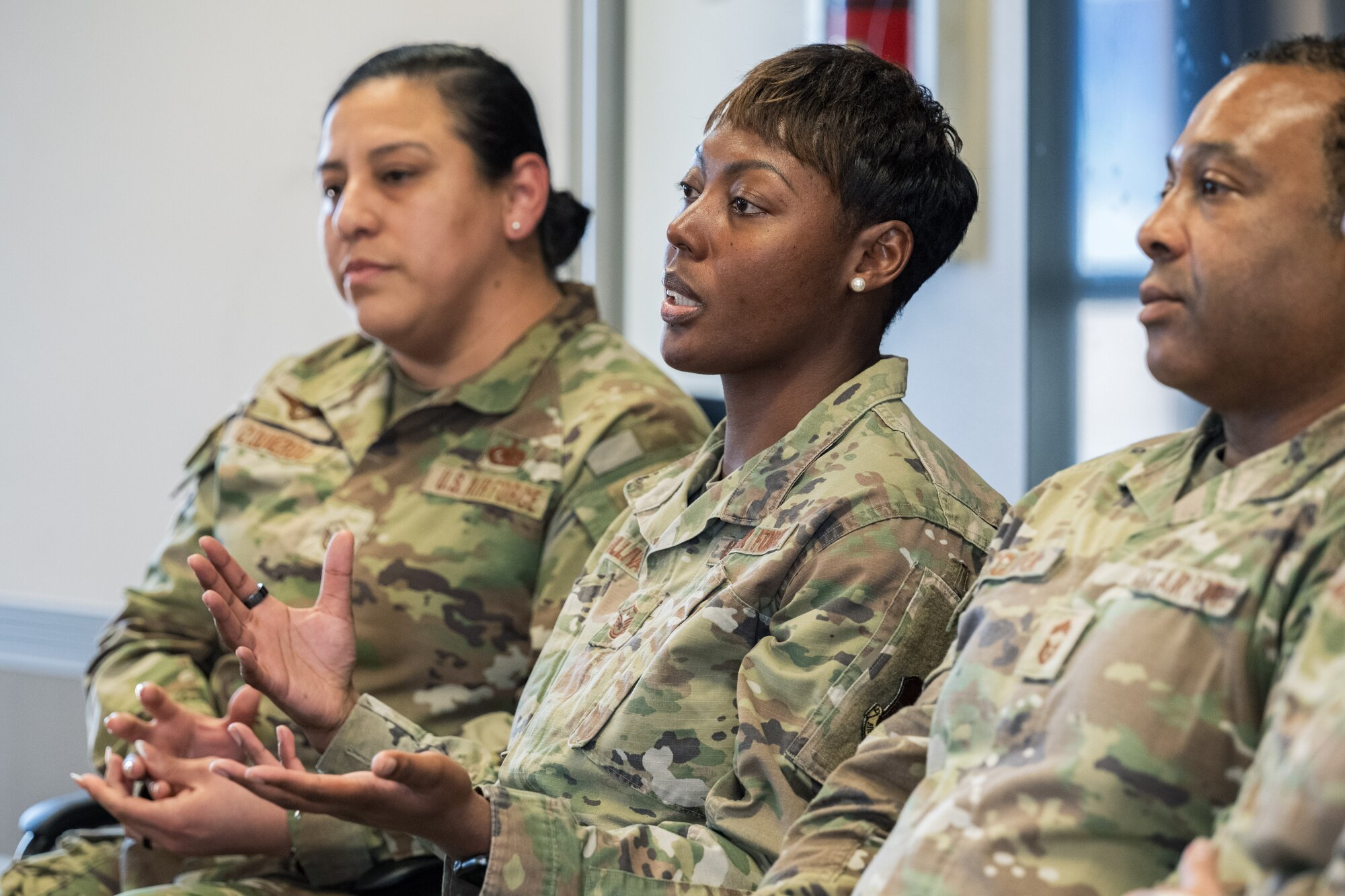 Senior noncommissioned officers speak to junior officers during the new First Term Officer Course at Holloman Air Force Base, New Mexico, Feb. 3, 2025.