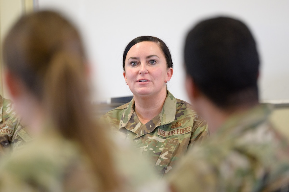 Senior noncommissioned officers speak to junior officers during the new First Term Officer Course at Holloman Air Force Base, New Mexico, Feb. 3, 2025.