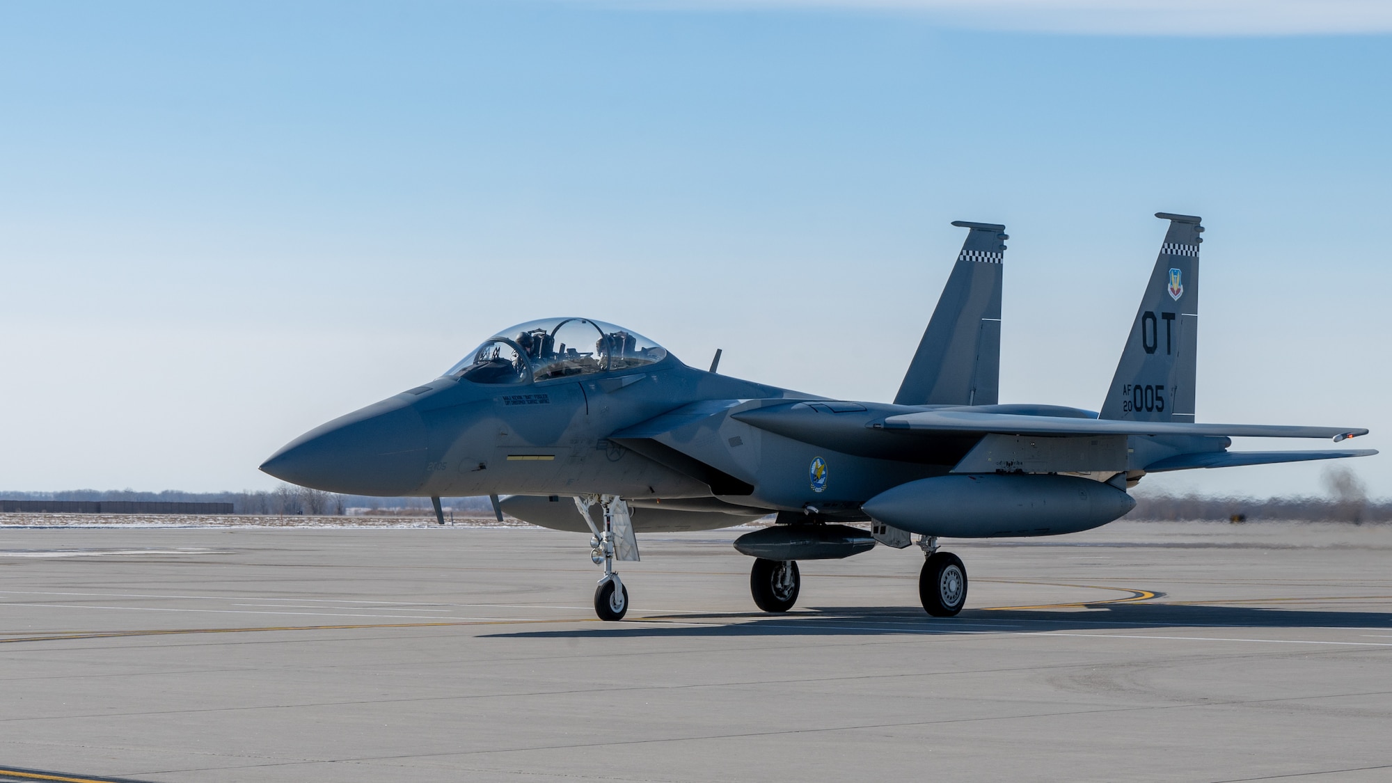 An F-15 EX Eagle ll assigned to the 53rd Wing at Eglin Air Force Base, Fla., taxis the flightline after landing at Grand Forks AFB, N.D., Feb. 19, 2025.