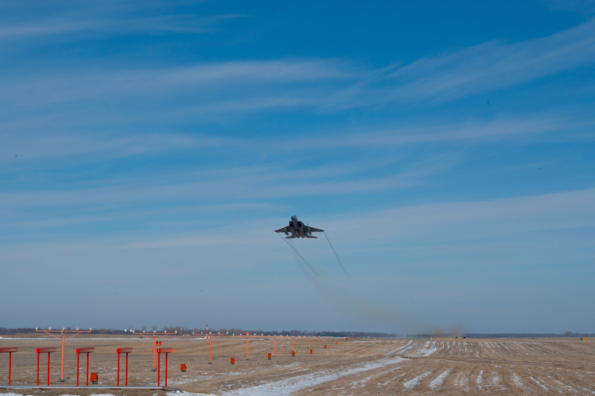 An F-15 EX Eagle II assigned to the 53rd Wing at Eglin Air Force Base, Fla., takes off from Grand Forks AFB, N.D., Feb. 19, 2025