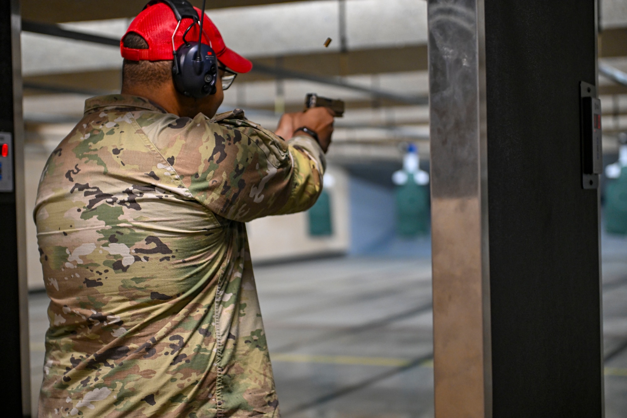 Staff Sgt. Marcus Johnson, combat arms lead instructor with the 172nd Security Forces Squadron, engages his target at the inaugural test fire at the new 172nd Airlift Wing small arms range in Jackson, Mississippi. The Mississippi National Guard and the 172nd Airlift Wing celebrated the opening of the state-of-the-art small arms range Jan. 24, 2025.