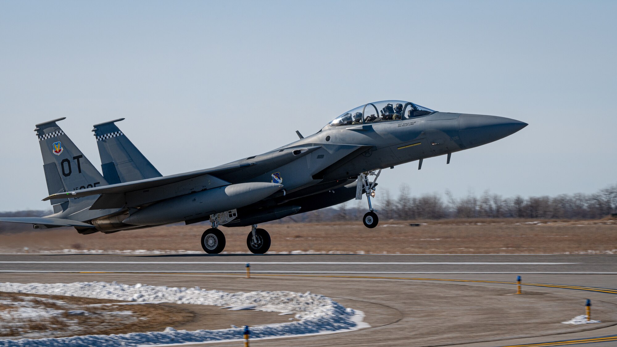 An F-15 EX Eagle ll assigned to the 53rd Wing at Eglin Air Force Base, Fla., lands at Grand Forks AFB, N.D., Feb. 19, 2025.