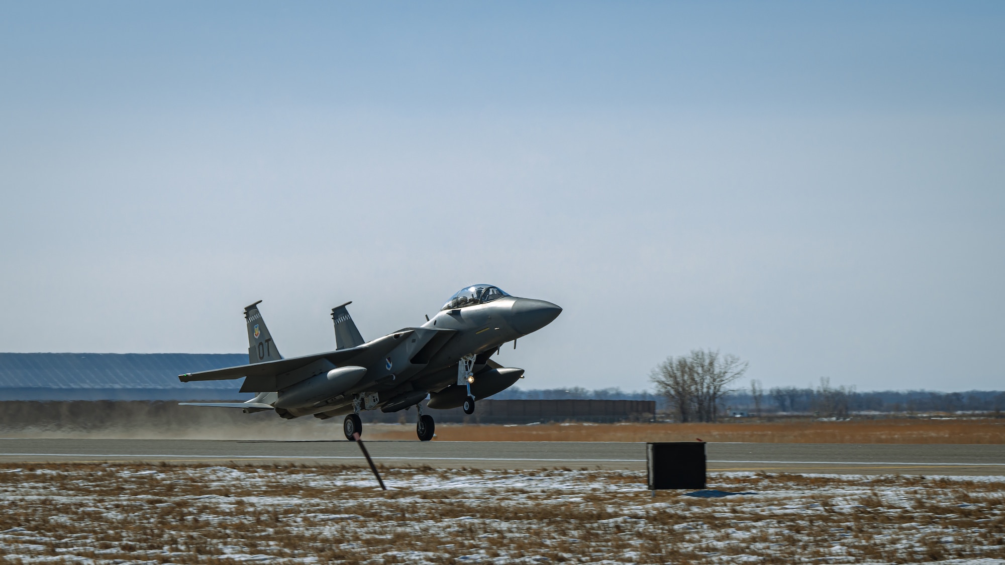 An F-15 EX Eagle II assigned to the 53rd Wing at Eglin Air Force Base, Fla., lands at Grand Forks AFB, N.D., Feb. 19, 2025