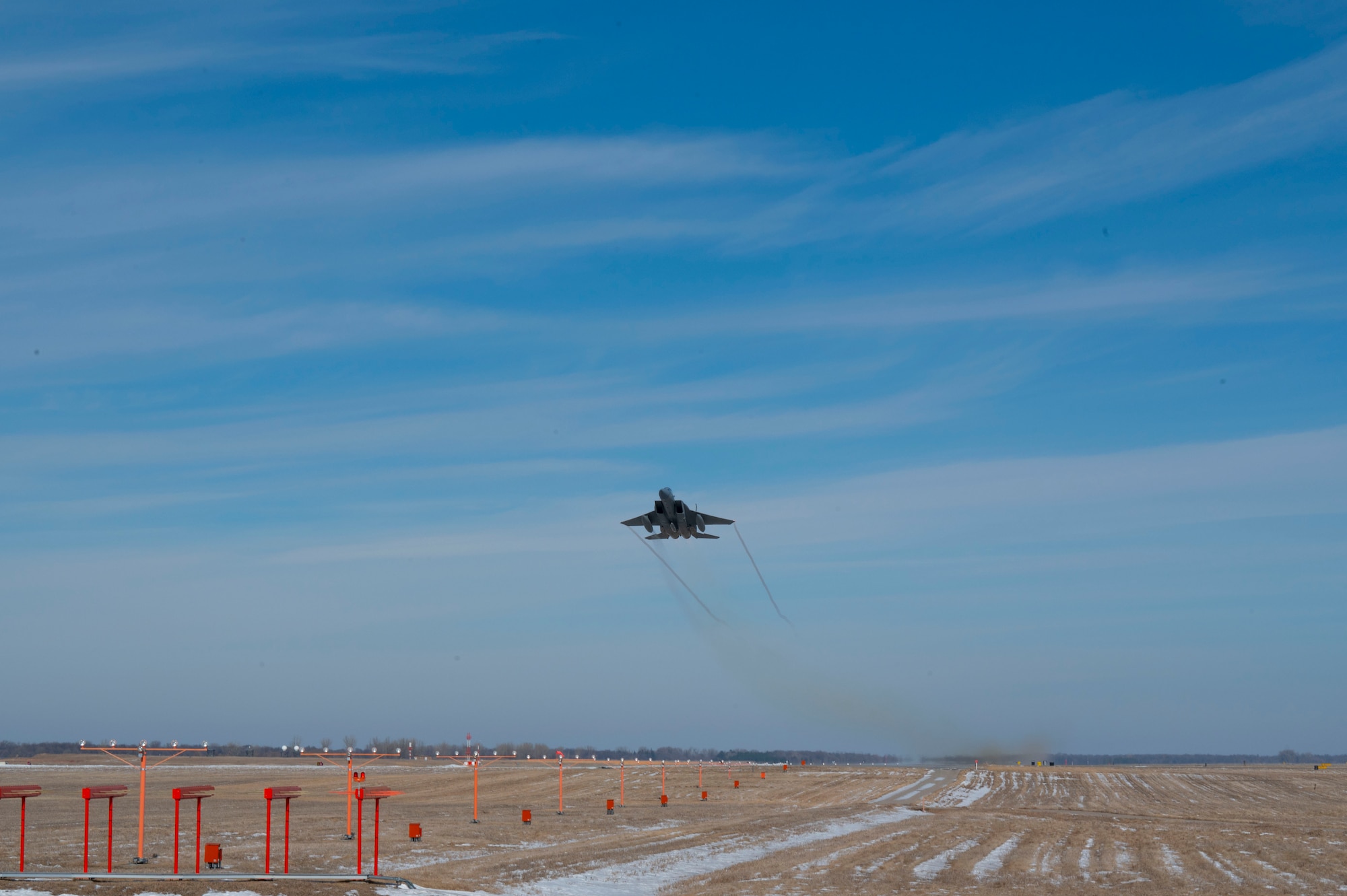 An F-15 EX Eagle II assigned to the 53rd Wing at Eglin Air Force Base, Fla., takes off from Grand Forks AFB, N.D., Feb. 19, 2025
