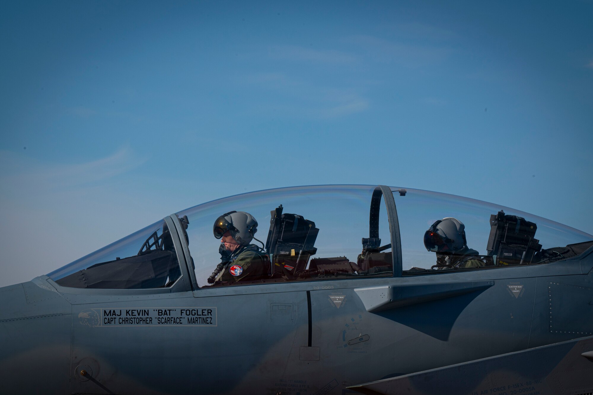 F-15 EX Eagle ll pilots assigned to the 53rd Wing at Eglin Air Force Base, Fla., prepare to depart from Grand Forks AFB, N.D., Feb. 19, 2025.