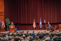 Lt. Col. Jason Brosseau provides his remarks during the 680th Network Operations Squadron assumption of command ceremony at Maxwell Air Force Base-Gunter Annex, Alabama on Dec. 6, 2024.  The 689th NOS is a geographically separated unit of the 960th COG located at Joint Base San Antonio-Chapman Training Annex, Texas. (Courtesy photo from SrA Pratyush Gupta)