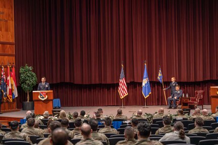 Lt. Col. Jason Brosseau provides his remarks during the 680th Network Operations Squadron assumption of command ceremony at Maxwell Air Force Base-Gunter Annex, Alabama on Dec. 6, 2024.  The 689th NOS is a geographically separated unit of the 960th COG located at Joint Base San Antonio-Chapman Training Annex, Texas. (Courtesy photo from SrA Pratyush Gupta)
