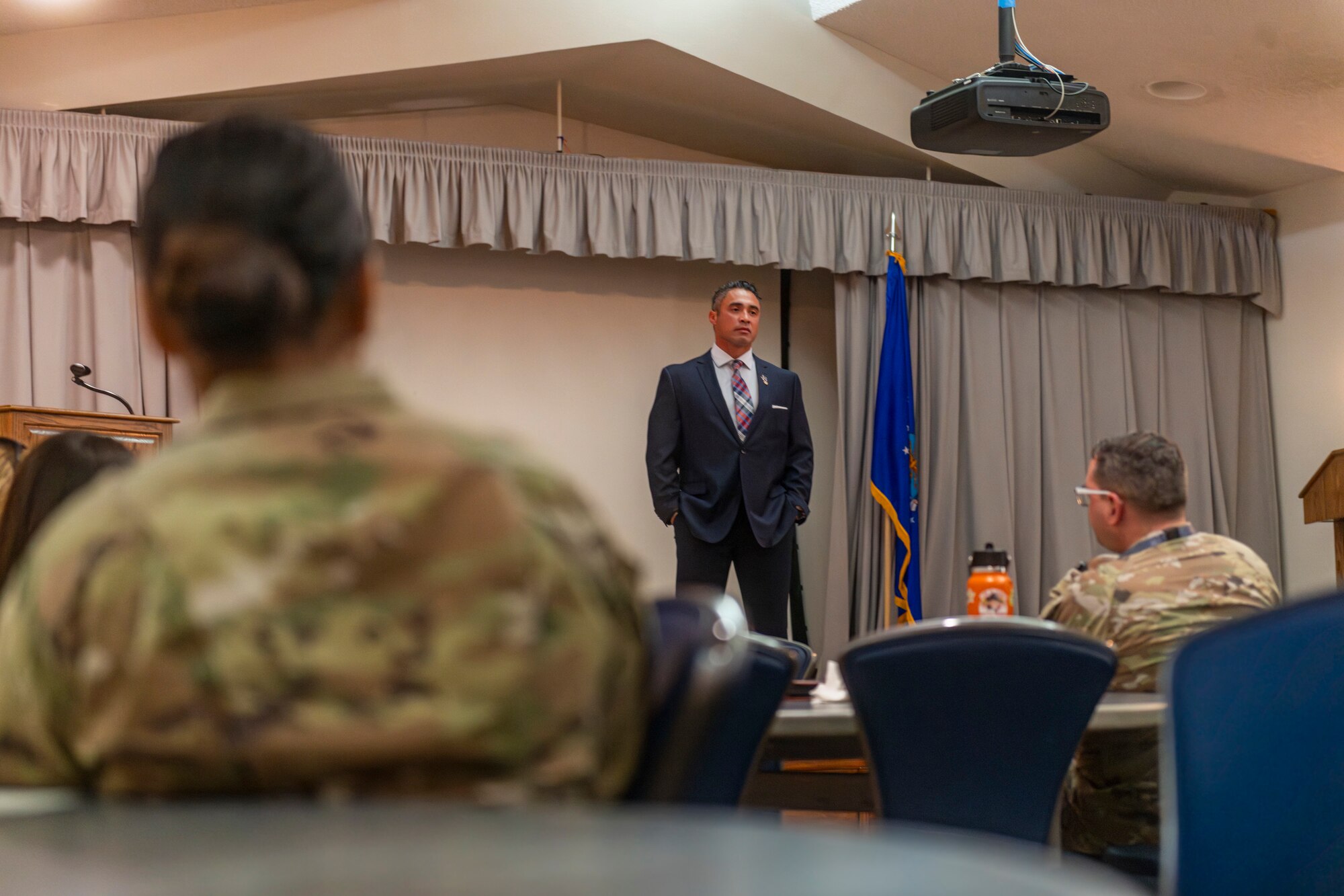 Retired Tech. Sgt. Christopher Ferrell shares his experiences dealing with trauma, its aftermath and bouts with his mental health to Airmen at Edwards Air Force Base, California, Feb. 7. (Air Force photo by Giancarlo Casem)