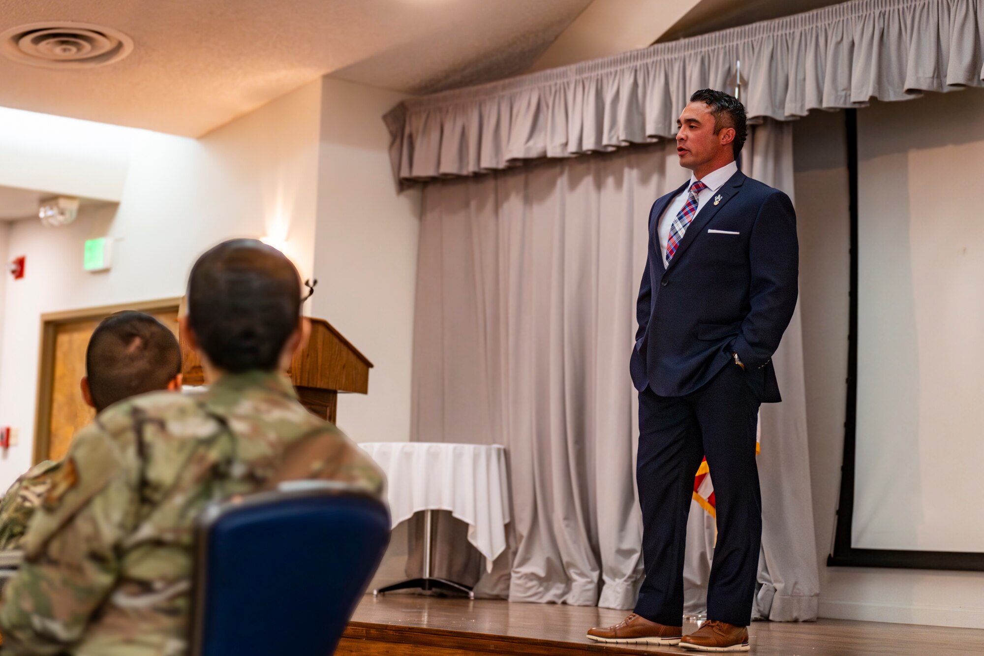 Retired Tech. Sgt. Christopher Ferrell shares his experiences dealing with trauma, its aftermath and bouts with his mental health to Airmen at Edwards Air Force Base, California, Feb. 7. (Air Force photo by Giancarlo Casem)