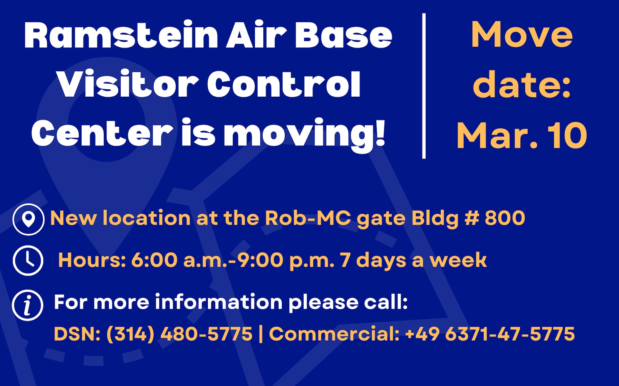 The Ramstein Air Base Visitor Control Center (VCC) is set to permanently relocate to the Rhine Ordnance Barracks Medical Center (ROB-MC) Gate on March 10, 2025.