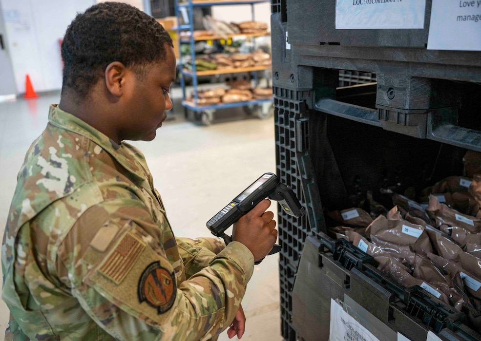 U.S. Air Force Senior Airman Julius Pruitt, 52nd Logistic Readiness Squadron individual protective equipment apprentice, counts inventory with Radio Frequency Identification (RFID) technology at Spangdahlem Air Base, Germany, Feb. 7, 2025.