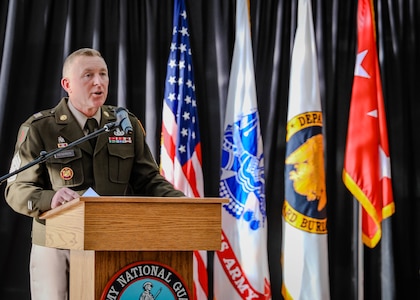 Command Sgt. Maj. James Brian Kendrick officially assumed the role of 14th command sergeant major of the Army National Guard at a ceremony at the Herbert R. Temple Center Feb. 18, 2025. Kendrick, whose Army career spans over 35 years, succeeds Command Sgt. Maj. John T. Raines, the seventh senior enlisted advisor to the National Guard Bureau chief.