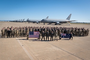 The 32nd Expeditionary Air Refueling Squadron pose for a group photo during Exercise Bamboo Eagle 25-1.