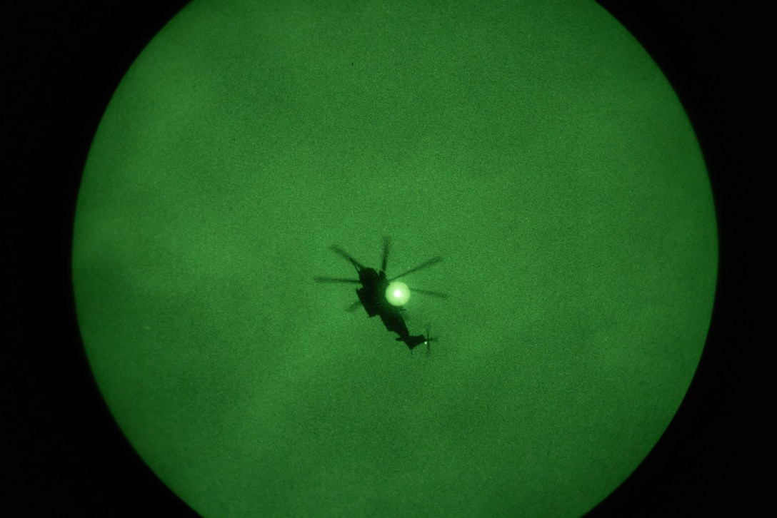 A U.S. Marine CH-53 Sea Stallion with the 22nd Marine Expeditionary Unit (MEU) searches for a simulated downed aircraft during an Expeditionary Operations Training Group (EOTG) exercise at Marine Corps Base Camp Lejeune, North Carolina, Feb. 10, 2025. EOTG trains II Marine Expeditionary Force units in preparation for upcoming deployments in support of geographic combatant commands. (U.S. Marine Corps photo by Lance Cpl. Kyle Baskin)