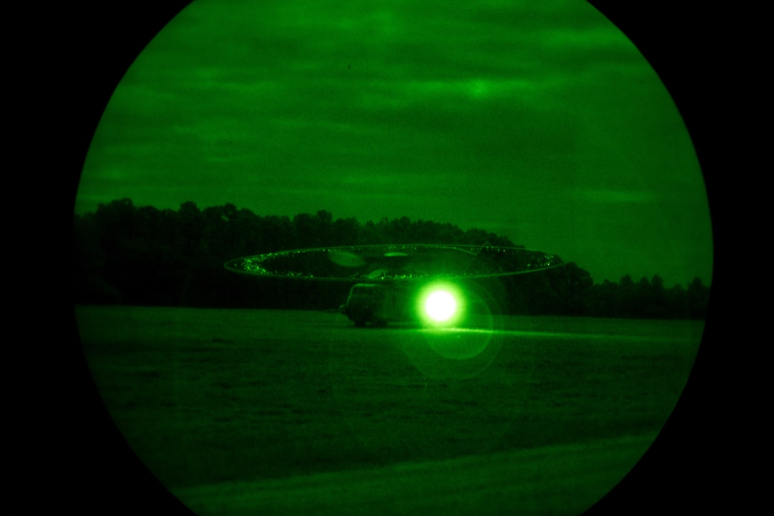 A U.S. Marine CH-53 Sea Stallion with the 22nd Marine Expeditionary Unit (MEU) lands during an Expeditionary Operations Training Group (EOTG) exercise at Marine Corps Base Camp Lejeune, North Carolina, Feb. 10, 2025. EOTG trains II Marine Expeditionary Force units in preparation for upcoming deployments in support of geographic combatant commands. (U.S. Marine Corps photo by Lance Cpl. Kyle Baskin)