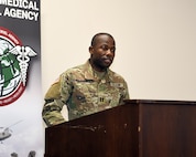 Capt. Paul Abucher speaks after taking command of the U.S. Army Medical Materiel Agency’s Headquarters and Headquarters Detachment, or HHD, during a ceremony Feb. 21 at Fort Detrick, Maryland.