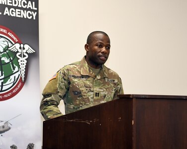 Capt. Paul Abucher speaks after taking command of the U.S. Army Medical Materiel Agency’s Headquarters and Headquarters Detachment, or HHD, during a ceremony Feb. 21 at Fort Detrick, Maryland.