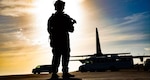 A silhouetted soldier stands on an airfield with an aircraft in the background.