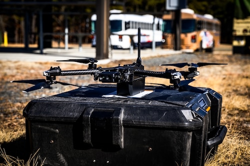 An unmanned aerial vehicle assigned to the U.S. Army 1-102nd Infantry Regiment is prepared for flight during a live-fire exercise at Joint Base McGuire-Dix-Lakehurst, N.J., Feb. 1, 2025. The platoon live-fire exercise incorporated land navigation through indirect fire and utilized unmanned aerial vehicle systems for both reconnaissance and offensive maneuvers. (U.S. Air Force photo by Senior Airman Matt Porter)
