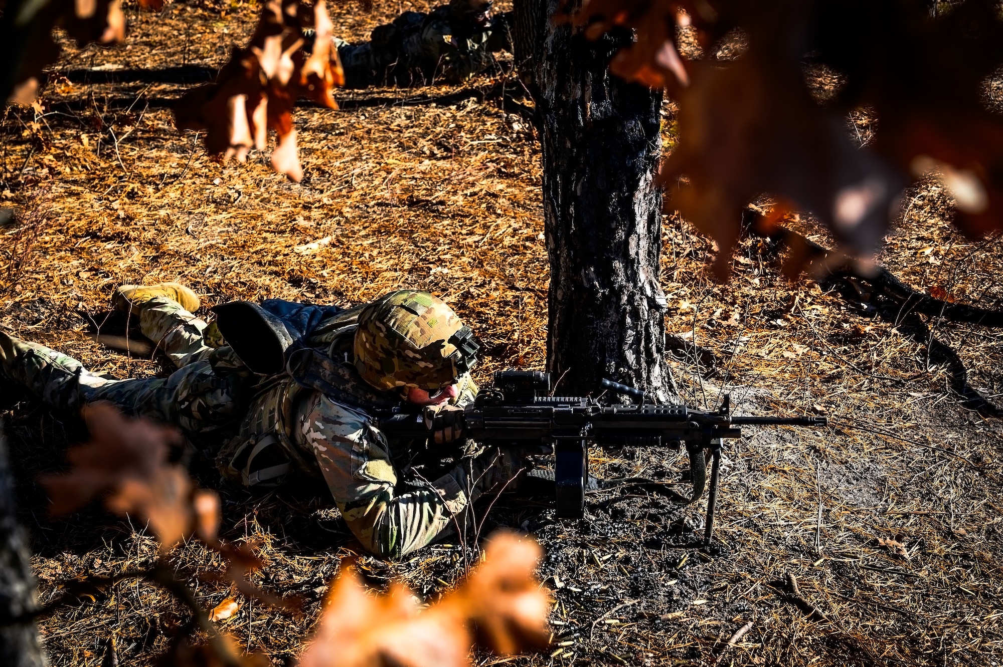U.S. Army Pfc. Caleb Bjorn, 1-102nd Infantry Regiment infantryman, provides overwatch during a platoon live-fire exercise at Joint Base McGuire-Dix-Lakehurst, N.J., Feb. 1, 2025. The platoon live-fire exercise incorporated land navigation through indirect fire and utilized unmanned aerial vehicle systems for both reconnaissance and offensive maneuvers. (U.S. Air Force photo by Senior Airman Matt Porter)