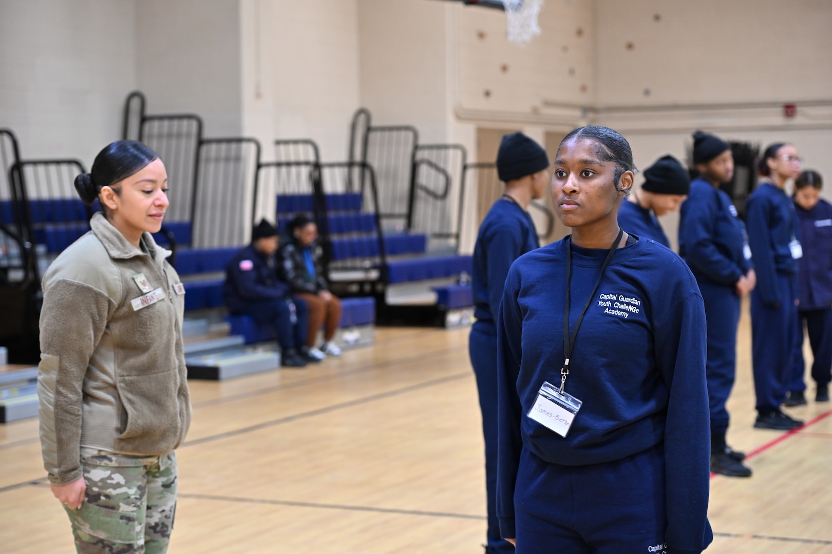 Command Sgt. Maj. Ronald L. Smith Jr., Command SEL for the D.C. National Guard, and members of the Recruitment and Retention Battalion participate in mentorship activities during the acclimation phase at the Capital Guardian Youth ChalleNGe Academy, in Laurel, Md., on Jan. 13, 2025. The engagement supports the core components of the life intervention, dropout reintegration, and General Education Development (GED) preparatory program.