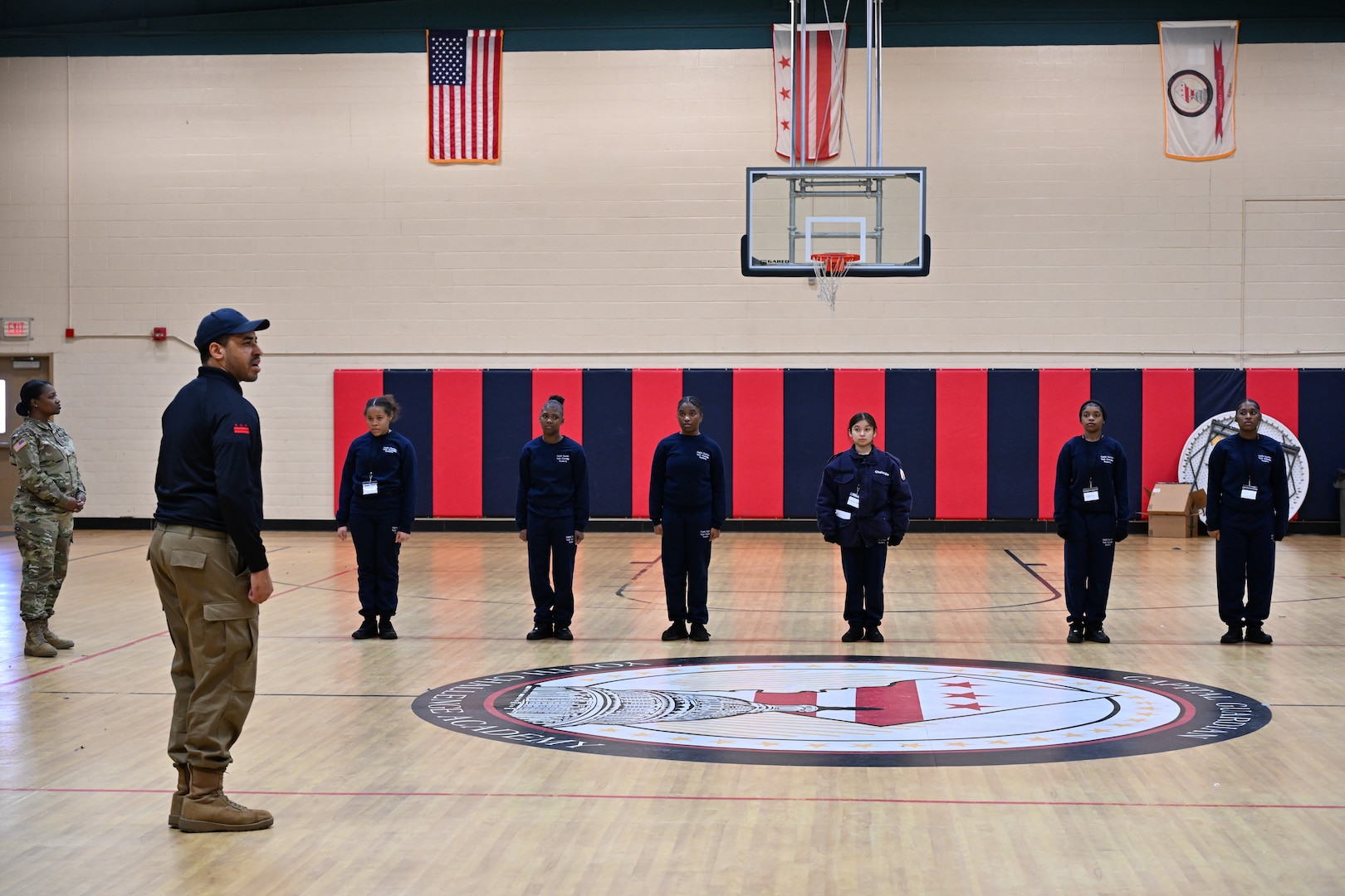 Command Sgt. Maj. Ronald L. Smith Jr., Command SEL for the D.C. National Guard, and members of the Recruitment and Retention Battalion participate in mentorship activities during the acclimation phase at the Capital Guardian Youth ChalleNGe Academy, in Laurel, Md., on Jan. 13, 2025. The engagement supports the core components of the life intervention, dropout reintegration, and General Education Development (GED) preparatory program.